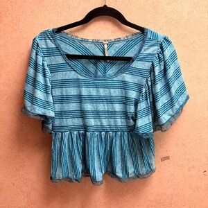 Free People XS Womens Green Striped Lace Trim Peplum Boho Flutter‎ Sleeve Top